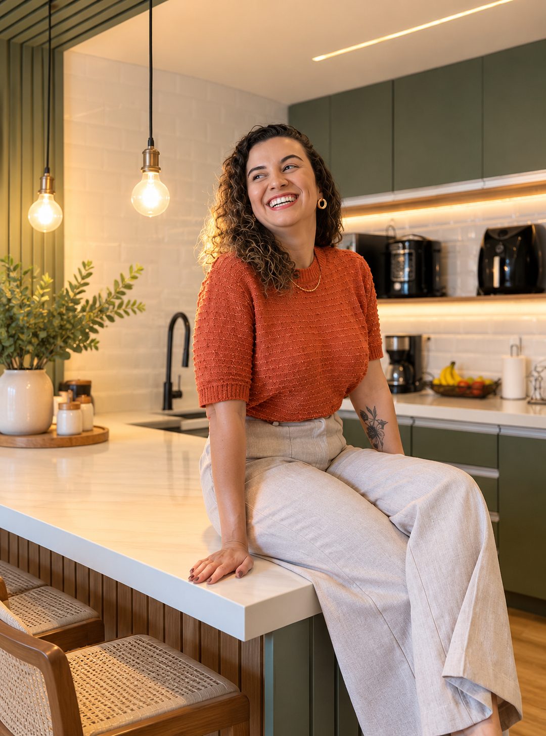 Ericka Hipólito sentada na bancada de uma cozinha