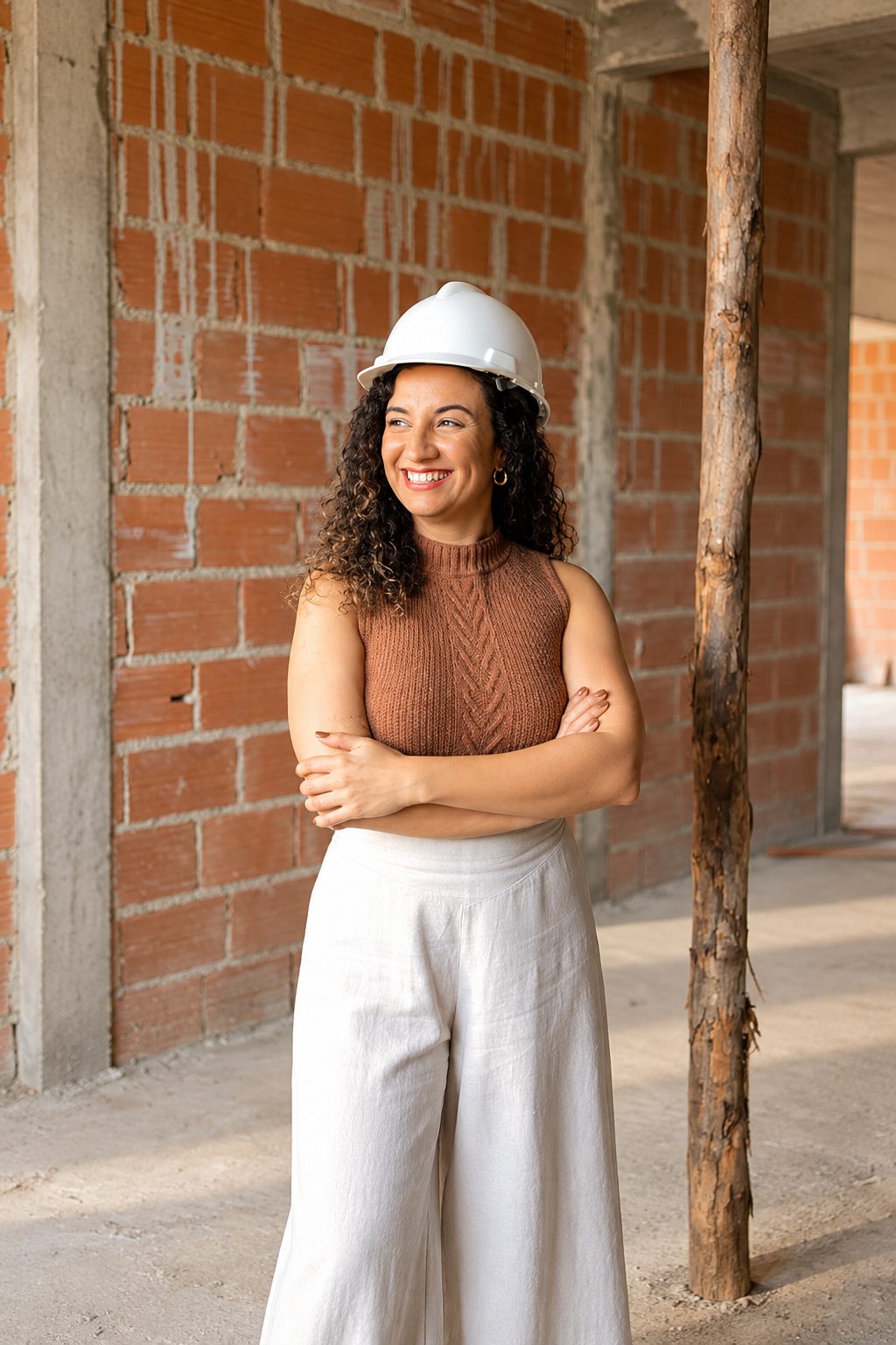 Ericka Hipólito de capacete em uma obra